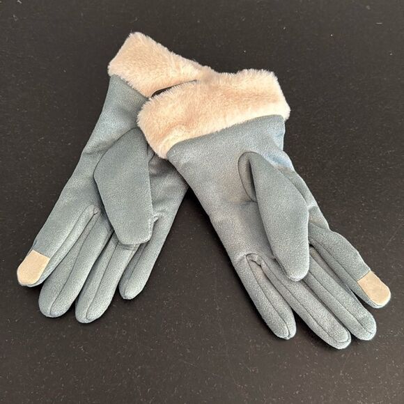 Blue Warm Winter Touchscreen Gloves - Faux Suede & Faux Fur - Picture 3 of 7